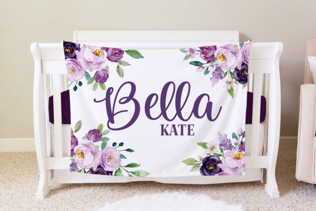 Purple Floral Personalized Baby Blanket, Custom Shower Gift, Violet Nursery Crib Hospital - image 1