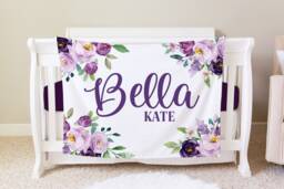 Purple Floral Personalized Baby Blanket, Custom Shower Gift, Violet Nursery Crib Hospital