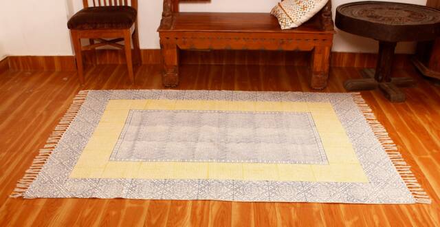 Hand Block Printed Cotton Rug, Blue Yellow Geometric Boho Flatweave Carpet - image 1