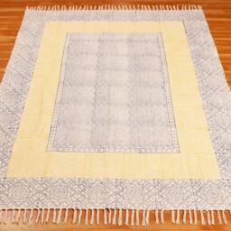 Hand Block Printed Cotton Rug, Blue Yellow Geometric Boho Flatweave Carpet - thumbnail 2