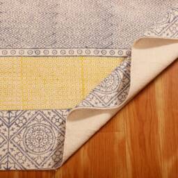 Hand Block Printed Cotton Rug, Blue Yellow Geometric Boho Flatweave Carpet - thumbnail 4