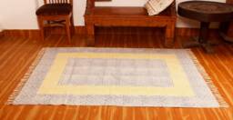 Hand Block Printed Cotton Rug, Blue Yellow Geometric Boho Flatweave Carpet - thumbnail 1