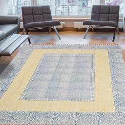 Hand Block Printed Cotton Rug, Blue Yellow Geometric Boho Flatweave Carpet - thumbnail 3