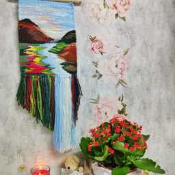 Handwoven Landscape Tapestry - Large Boho Wall Hanging With Mountains, River & Sky Colorful Fiber Art Driftwood Rustic Home Decor - thumbnail 4