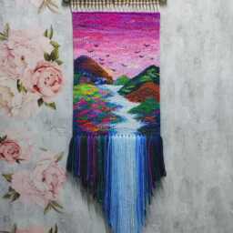 Handwoven Landscape Tapestry - Large Boho Wall Hanging With Mountains, River & Sky Colorful Fiber Art Driftwood Rustic Home Decor - thumbnail 3
