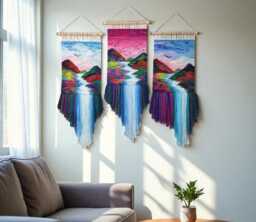 Handwoven Landscape Tapestry - Large Boho Wall Hanging With Mountains, River & Sky Colorful Fiber Art Driftwood Rustic Home Decor - thumbnail 1