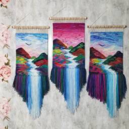 Handwoven Landscape Tapestry - Large Boho Wall Hanging With Mountains, River & Sky Colorful Fiber Art Driftwood Rustic Home Decor - thumbnail 2