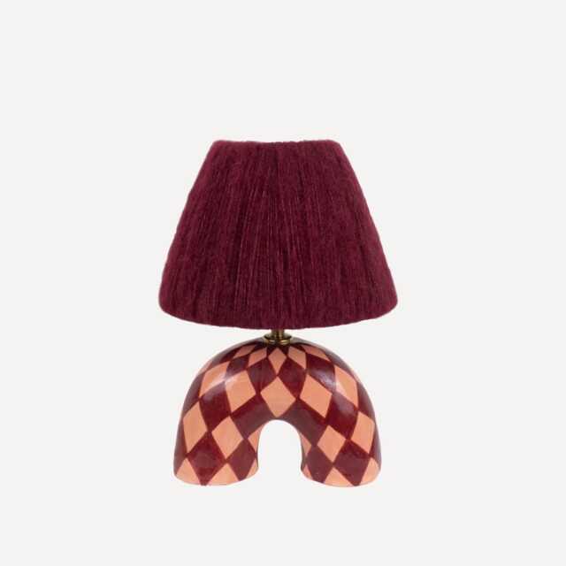 Handmade Ceramic Table Lamp Maroon Diamond Pattern, Alpaca Silk Shade - image 1
