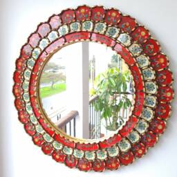 Round Red & Gold Mirror 60cm - Boho Sunburst Wall Handmade Peruvian Decorative Statement
