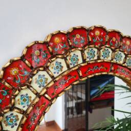 Round Red & Gold Mirror 60cm - Boho Sunburst Wall Handmade Peruvian Decorative Statement - thumbnail 3