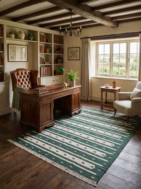 Forest Green Tribal Kilim Rug - Handwoven Cotton Flatweave With Southwestern Stripe Design For Living Room & Bedroom in Custom Options - image 1