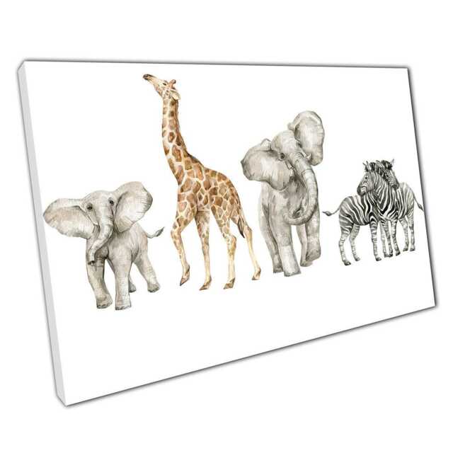 Savannah Safari Watercolor Canvas Zebra, Elephant & Giraffe Wall Art For Home & Office Decor - image 1