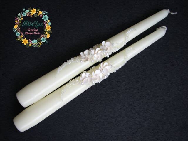 Floral Wedding Unity Candles White Flower & Bead Ceremony Set - image 1