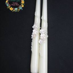 Floral Wedding Unity Candles White Flower & Bead Ceremony Set - thumbnail 3