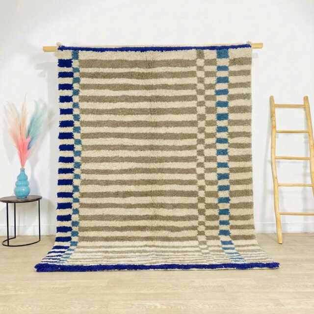 Cream & Brown Moroccan Rug With Blue Accents, Handmade Berber Shag Rug, Striped Style Wool Carpet, Large 9x12 Living Room - image 1