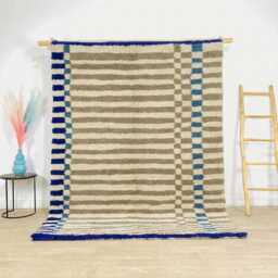 Cream & Brown Moroccan Rug With Blue Accents, Handmade Berber Shag Rug, Striped Style Wool Carpet, Large 9x12 Living Room - thumbnail 1