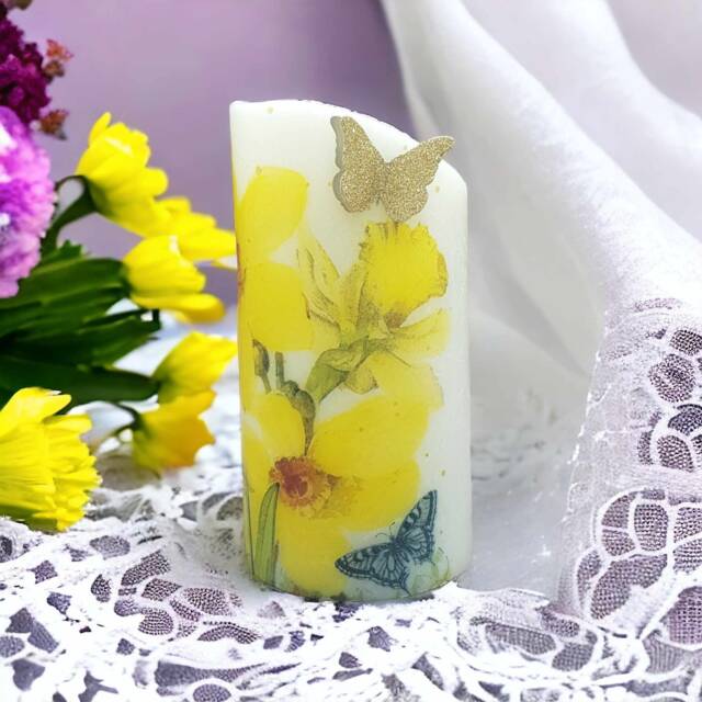 Daffodils & Butterflies Led Wax Candle Floral Decoupage Design - image 1