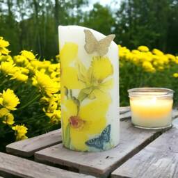 Daffodils & Butterflies Led Wax Candle Floral Decoupage Design - thumbnail 4