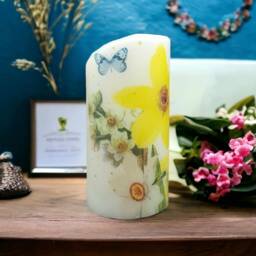 Daffodils & Butterflies Led Wax Candle Floral Decoupage Design - thumbnail 3