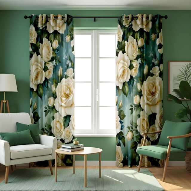 White Rose Floral Curtains, Farmhouse Botanical Window Panels, Green Blue Garden Print Drapes, Custom Made Living Room Decor - image 1