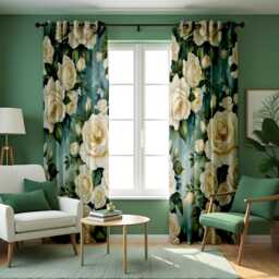 White Rose Floral Curtains, Farmhouse Botanical Window Panels, Green Blue Garden Print Drapes, Custom Made Living Room Decor - thumbnail 1