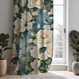 White Rose Floral Curtains, Farmhouse Botanical Window Panels, Green Blue Garden Print Drapes, Custom Made Living Room Decor - thumbnail 2