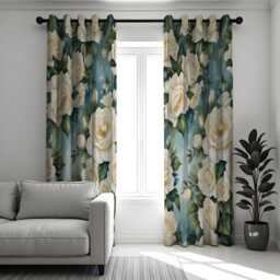 White Rose Floral Curtains, Farmhouse Botanical Window Panels, Green Blue Garden Print Drapes, Custom Made Living Room Decor - thumbnail 3