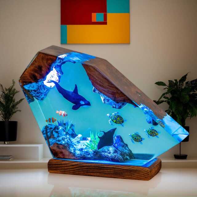 Handmade Resin Ocean Lamp, Wood Night Light, Marine Life Decor - image 1