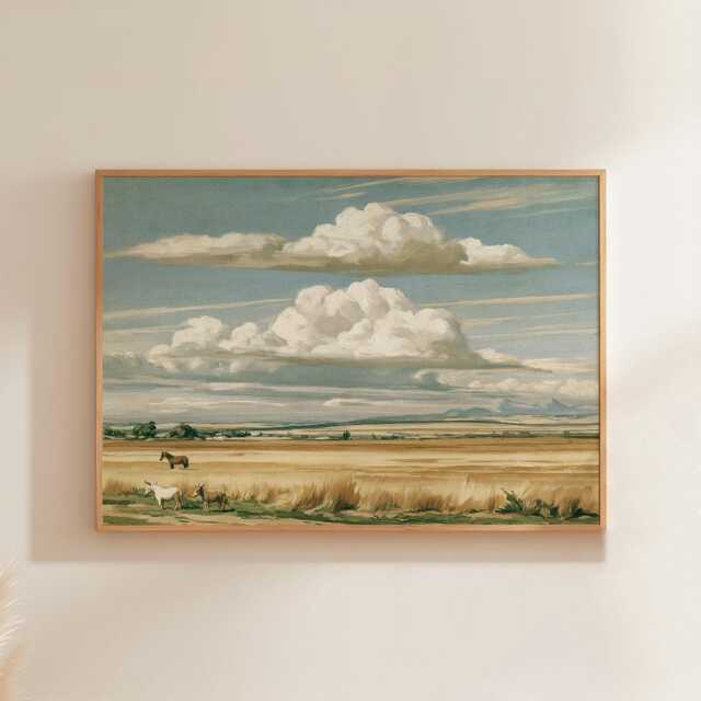 Horse Pasture Poster, Blue Sky Landscape Print, Country Wall Art, Paper - image 1