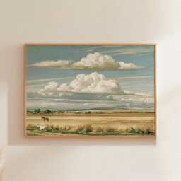 Horse Pasture Poster, Blue Sky Landscape Print, Country Wall Art, Paper - thumbnail 1