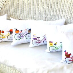 Embroidered Fall Bike Pillow Cover Canvas Or Linen, November Decor - thumbnail 2