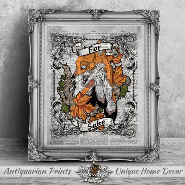 For Fox Sake Print, Print, Art Print On Antique Dictionary Book Page, Home Decor, Wall Hangings, Tattoo Illustration - image 1