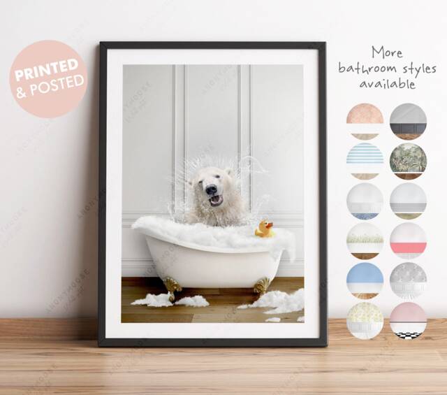 Polar Bear Shaking Head in A Bath Print, Bathing, Funny Bathroom Animal Bathtub, Tub Whimsy - image 1
