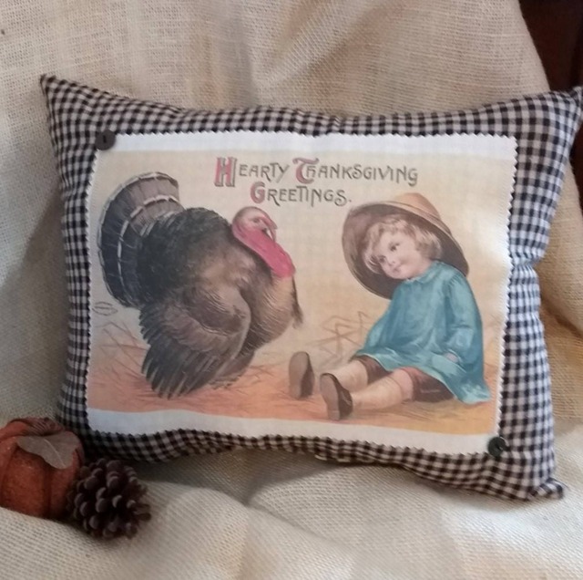 Handmade Victorian Thanksgiving Throw Pillow Made With Antique Postcard Image, Country Home D??cor in The Usa