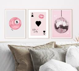 Vintage Pool Ball Print, Lucky 8 Wall Art, Disco Poster, Pink Ace Playing Card - thumbnail 1