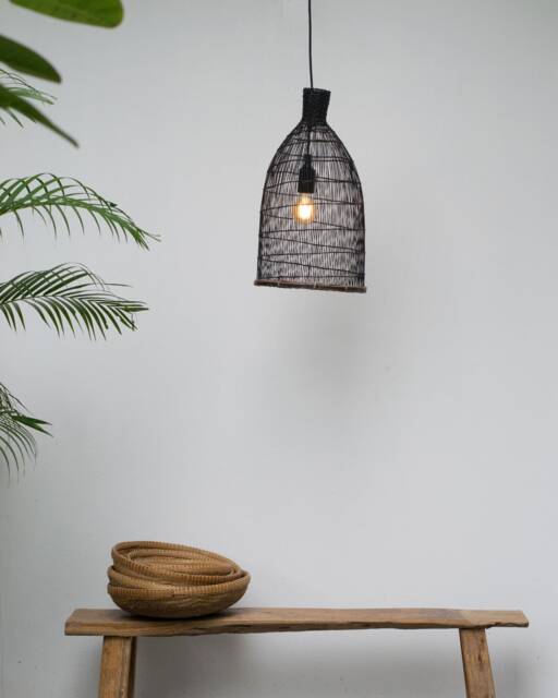 Small Black Bamboo Pendant Lamp, Handwoven Fishing Trap Light - image 1