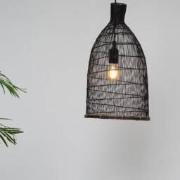 Small Black Bamboo Pendant Lamp, Handwoven Fishing Trap Light - thumbnail 2