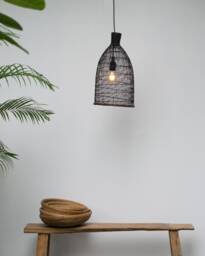 Small Black Bamboo Pendant Lamp, Handwoven Fishing Trap Light - thumbnail 1