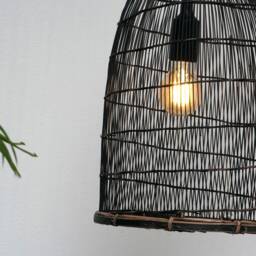 Small Black Bamboo Pendant Lamp, Handwoven Fishing Trap Light - thumbnail 3
