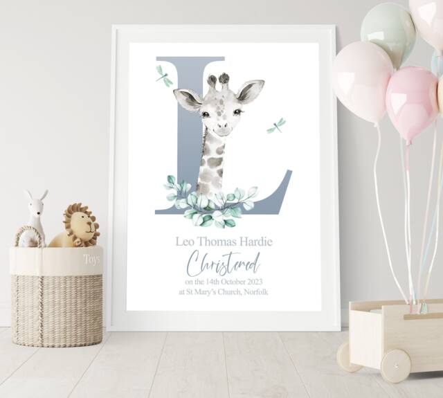 Personalized Christening Print Baby Giraffe Watercolor Art - image 1