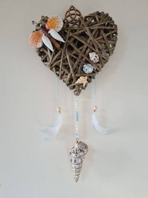 Sea Shell Butterfly Witch Heart Wall Hanging With Freshwater Pearls Water Earth & Air Elemental Decor, Wiccan, Witch, Witchcraft, Pagan - image 1
