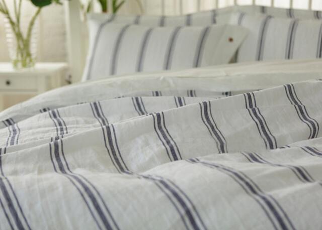 Set Of 4 Stone Washed 100% Linen Bedding, Blue & Off White Stripes - image 1