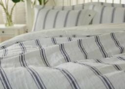 Set Of 4 Stone Washed 100% Linen Bedding, Blue & Off White Stripes