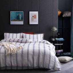 Set Of 4 Stone Washed 100% Linen Bedding, Blue & Off White Stripes - thumbnail 4