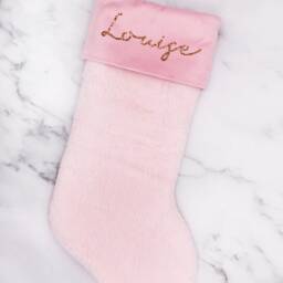 Personalised Pink Super Soft Faux Fur Fluffy Christmas Stocking With Glitter Name in Silver, Rose Gold, Gold - thumbnail 3
