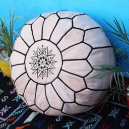 Handmade Moroccan Leather Pouf Natural Floor Ottoman With Black Stitching - thumbnail 2