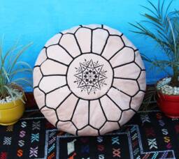 Handmade Moroccan Leather Pouf Natural Floor Ottoman With Black Stitching