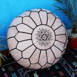 Handmade Moroccan Leather Pouf Natural Floor Ottoman With Black Stitching - thumbnail 3