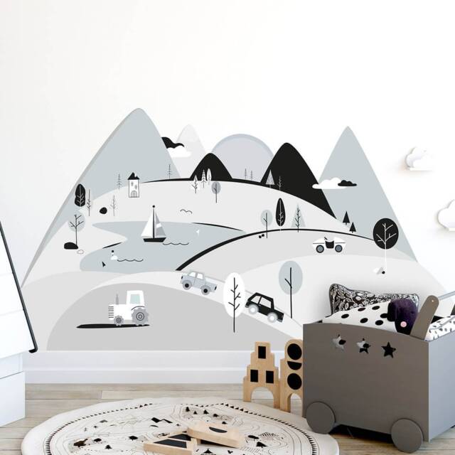 Wall Decor Mountain Grey, Modern Wallpaper, Kids Room Wall Art, Home Nursery Decor, Stickers - image 1