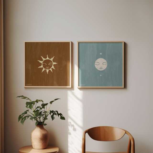 Print Set Sun & Moon Art Poster Decor Boho Gallery Wall Celestial Hanging Neutral Bohemian Home Magical Fine Blue - image 1